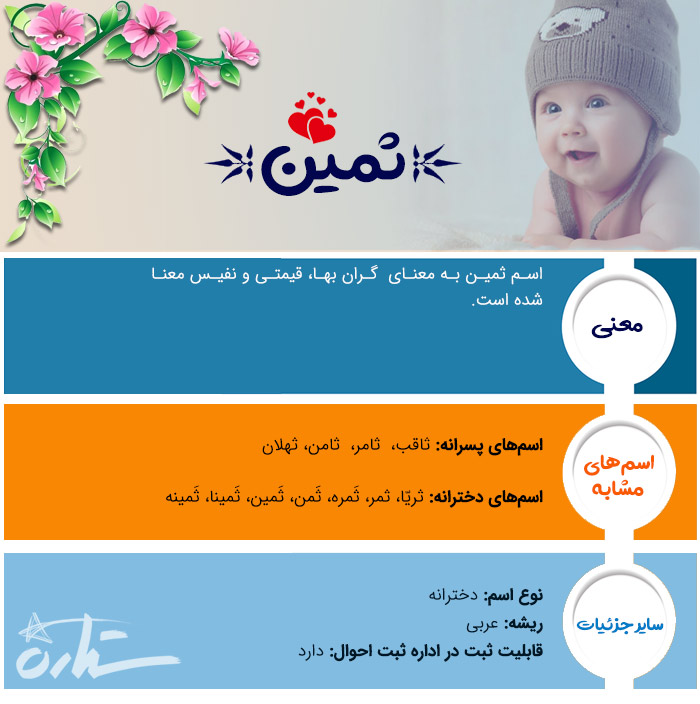 اسم ثمین معنی اسم ثمین چیست؟ (ریشه، فراوانی و اسم های مشابه ثمین)